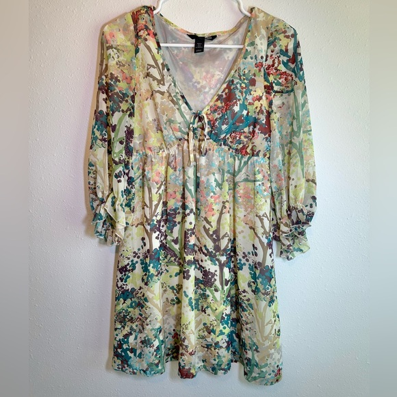 H&M Floral Mini Dress Sz 6/S A-line Empire Waist Babydoll Boho Hippie Fairy - Picture 1 of 10